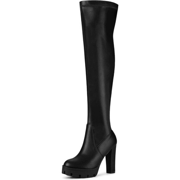 Women's Black Platform Boots Chunky Heel Over Knee High Rounded Toe Long Boots - Picture 1 of 6
